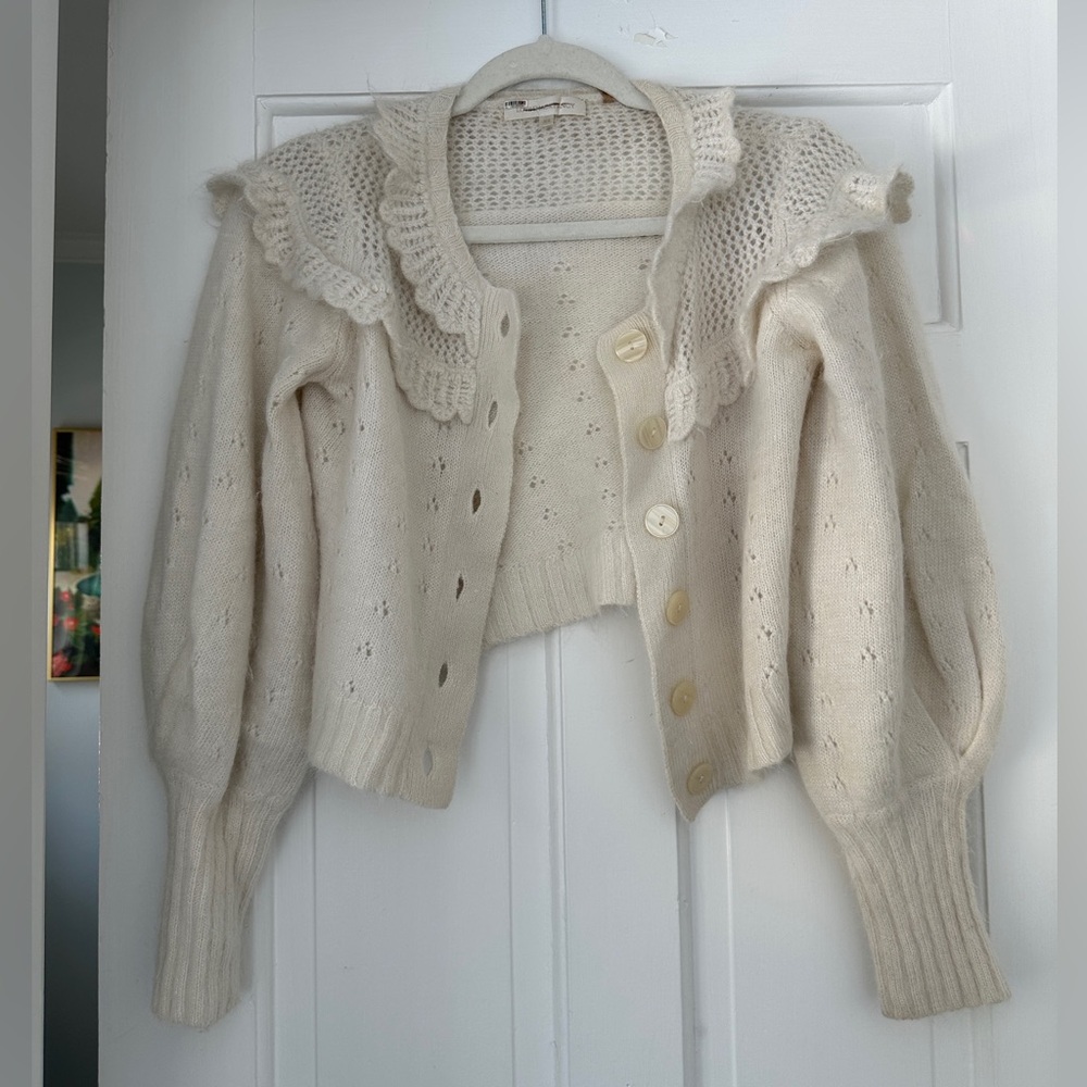 LoveShackFancy Hayden Ruffle Cream Coquette Girl Cardigan Sweater Size XS - Picture 2 of 7